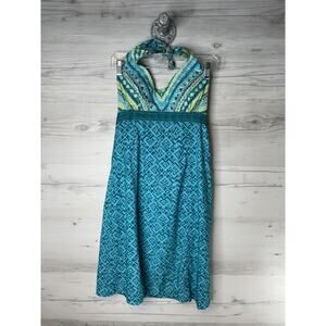 Athleta Dress Womens 8 Blue Green Halter Tie‎ Back Smocked Empire Waist Summer